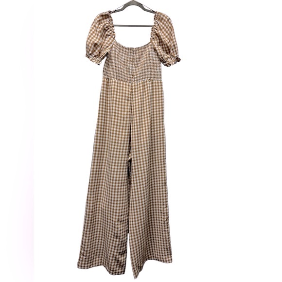 Mable Amaya gingham plaid puff short sleeve jumpsuit, cognac, small - Picture 3 of 11